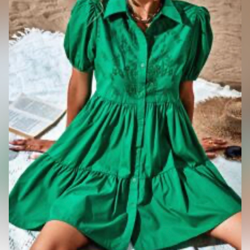 Green Embroidered Babydoll Mini Dress
